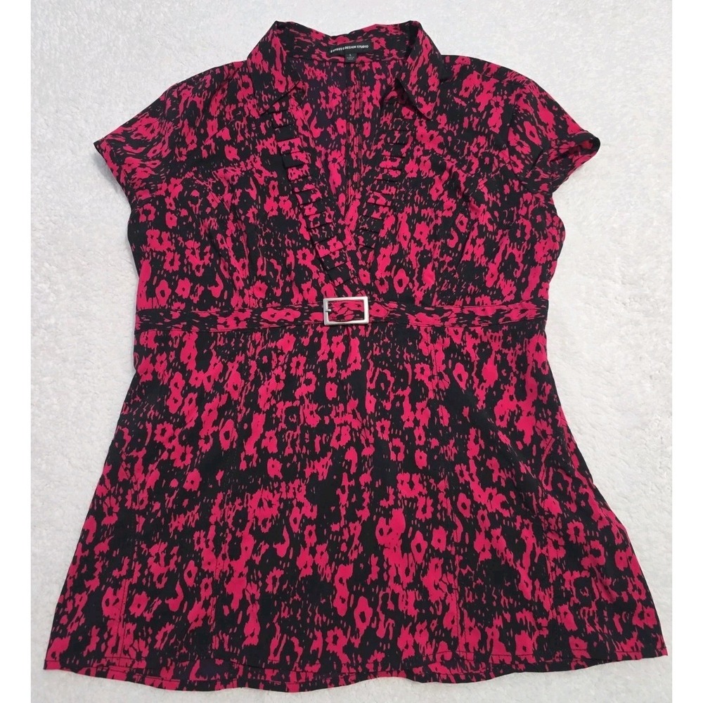EXPRESS DESIGN STUDIOS Black Pink Faux Wrap Blouse Office Siren Top Y2K Fairy L